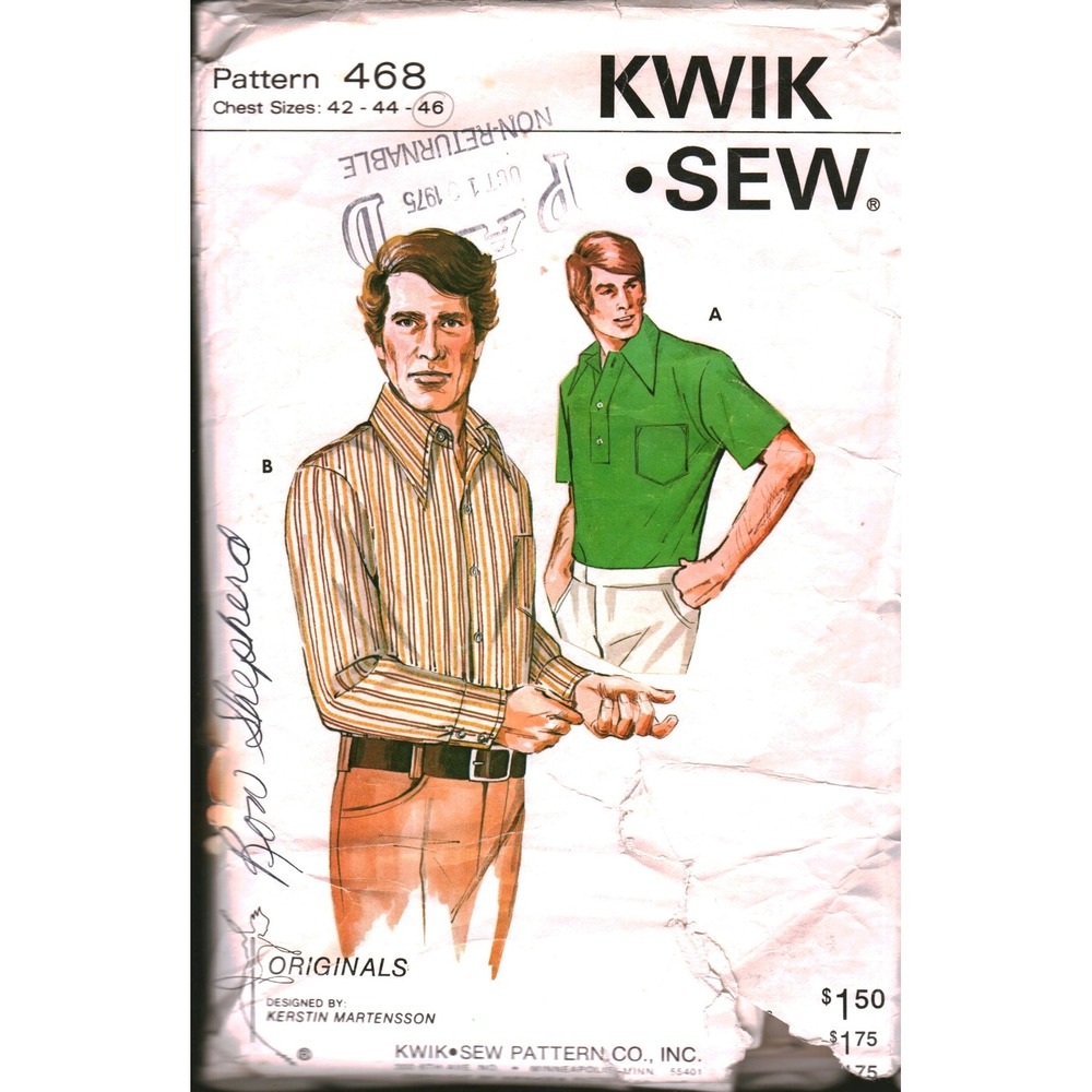 Vintage Kwik Sew 468 Mens Shirt Sewing Pattern Kerstin Martensson Chest 42-46
